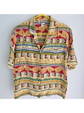 Vintage SK & COMPANY 100% Silk Blouse Size 12 Aztec Floral Tribal Button Up